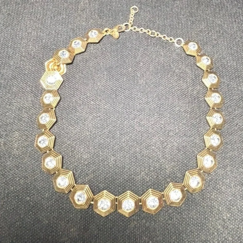 J.Crew Gold Tone Hexagon Crystal Statement Collar Necklace Adjustable Geometric